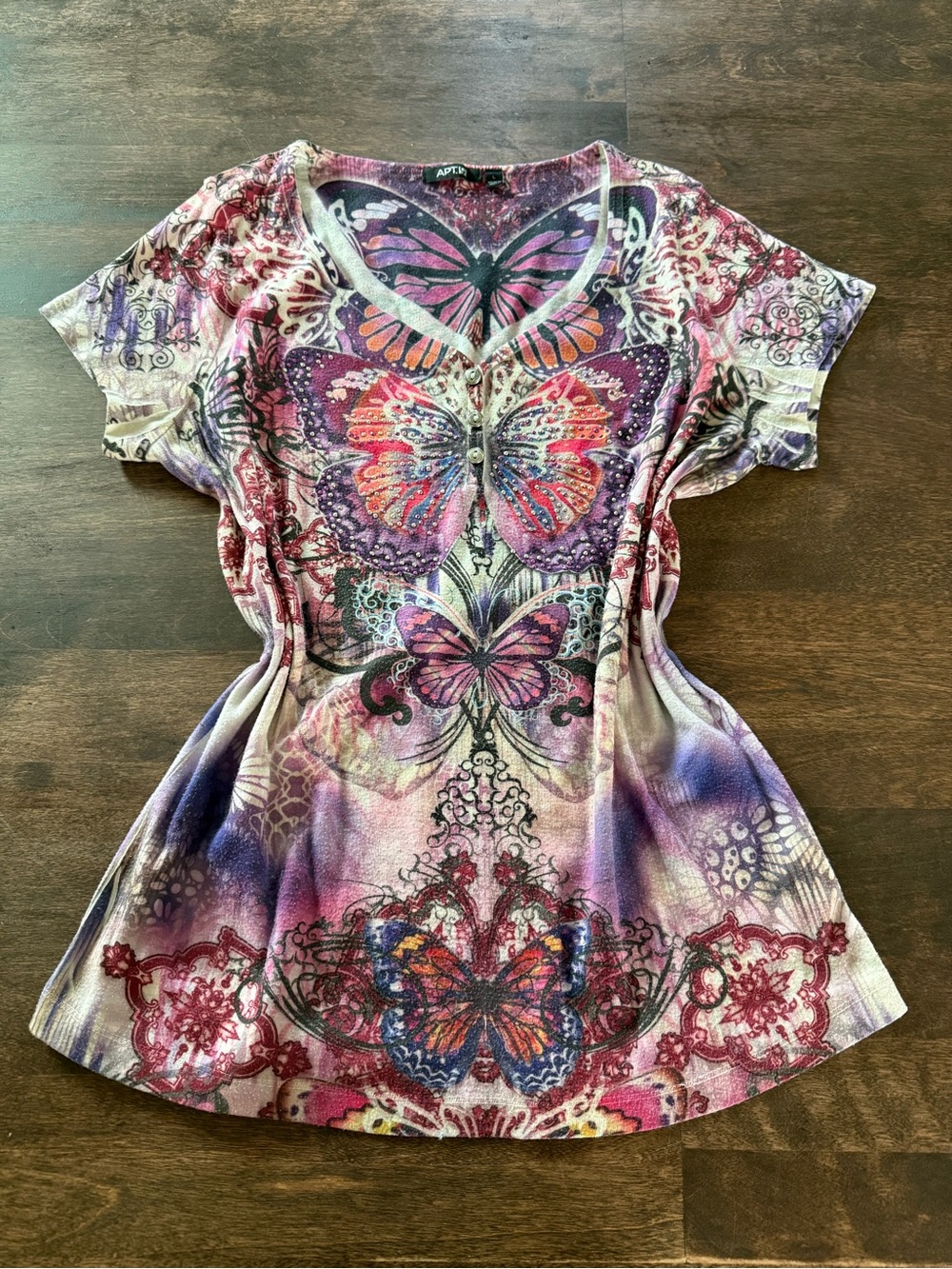 Apt. 9 Purple Multi Butterfly V-Neck Short Sleeve Top Y2K Style Boho